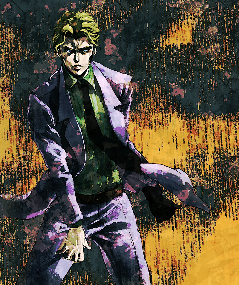1boy, blonde_hair, formal, jojo_no_kimyou_na_bouken, kira_yoshikage, mizuiro_cyan, necktie, solo