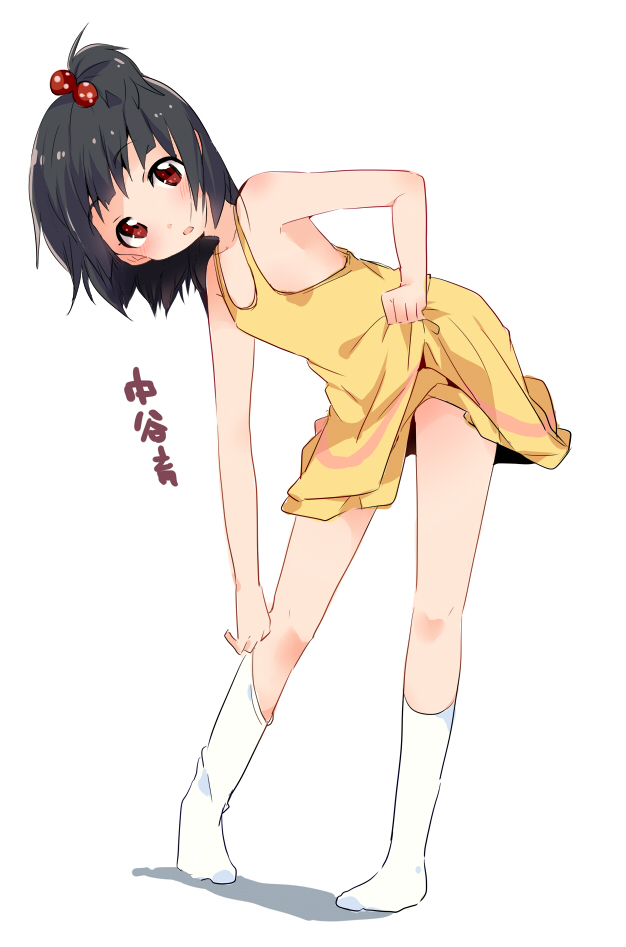 black_hair, brown_eyes, dress, dress_lift, hair_bobbles, hair_ornament, idolmaster, idolmaster_cinderella_girls