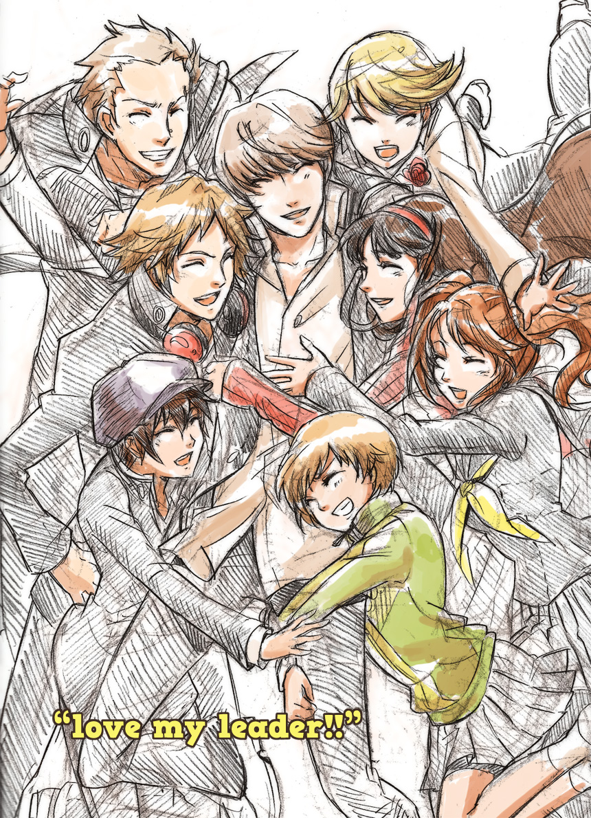 androgynous, bad_id, black_hair, blonde_hair, brown_hair, cabbie_hat, closed_eyes, flower, grey_hair, grin, group_hug, hairband, hanamura_yousuke, hat, headphones, hug, ichihara2929, jacket, kujikawa_rise, kuma_(persona_4), long_hair, narukami_yuu, persona, persona_4, red_hair, redhead, reverse_trap, satonaka_chie, scar, school_uniform, serafuku, seta_souji, shirogane_naoto, short_hair, sketch, skirt, smile, tatsumi_kanji, track_jacket, twintails