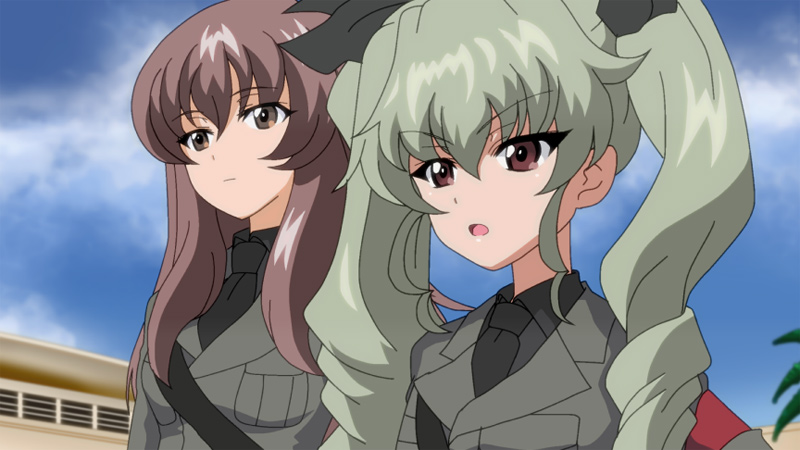 2girls, anchovy, brown_eyes, brown_hair, carpaccio, fake_screenshot, girls_und_panzer, green_hair