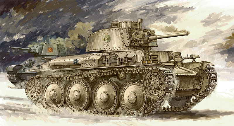 cannon, decals, flag, girls_und_panzer, military, military_vehicle, no_humans, panzerkampfwagen_38(t), sdkfz221, smoke, snow, t-34, tank, tundra, vehicle