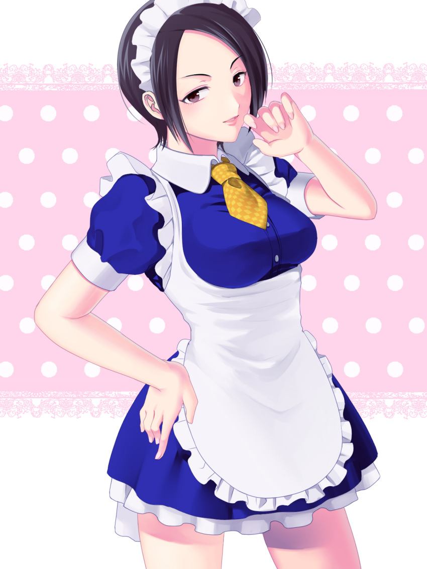 1girl, apron, black_hair, brown_eyes, dress, hitomi_(ricca), idolmaster, idolmaster_cinderella_girls