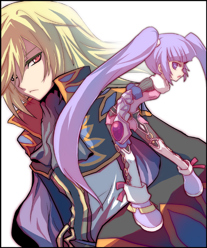 blonde_hair, bodysuit, cravat, frown, gloves, kirita_(noraring), long_hair, purple_hair