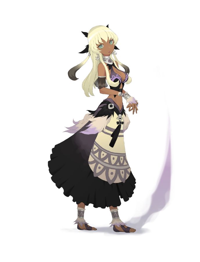 blonde_hair, breasts, cleavage, dark_skin, dress, fuurai_no_shiren, green_eyes, kamina, kamina_(shiren_the_wanderer), long_hair, midriff, shiren_the_wanderer, tan