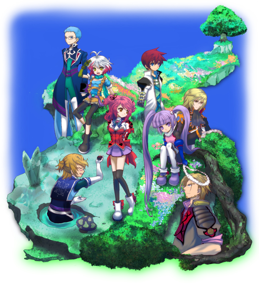 arms_behind_back, asbel_lhant, black_legwear, blonde_hair, blue_eyes, blue_hair, bodysuit, boots