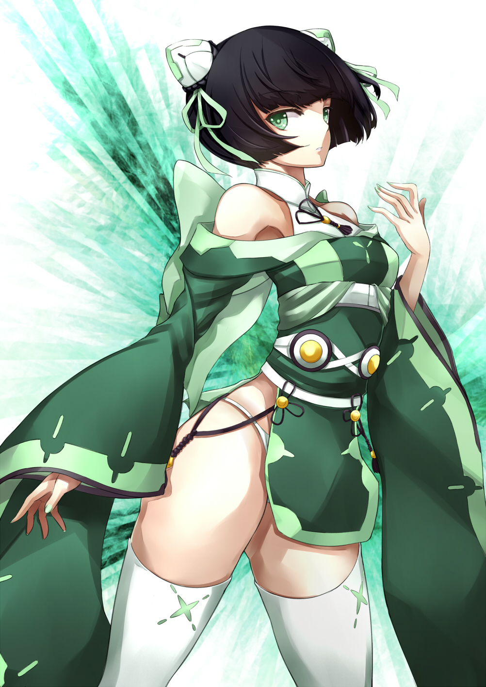 1girl, alternate_hair_color, asya, black_hair, dodonpachi, dodonpachi_saidaioujou, green, green_background