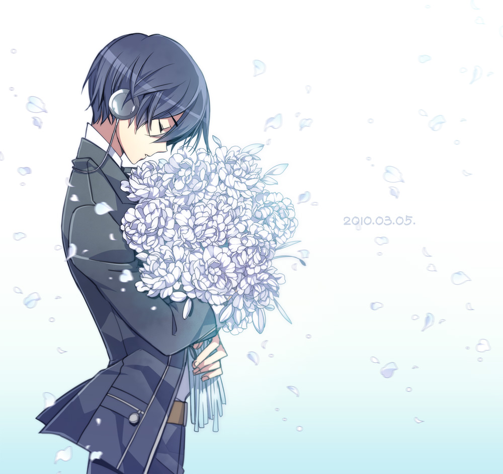 1boy, arisato_minato, blue_hair, closed_eyes, dated, flower, headphones, male, persona, persona_3, ron_(lovechro), school_uniform, short_hair
