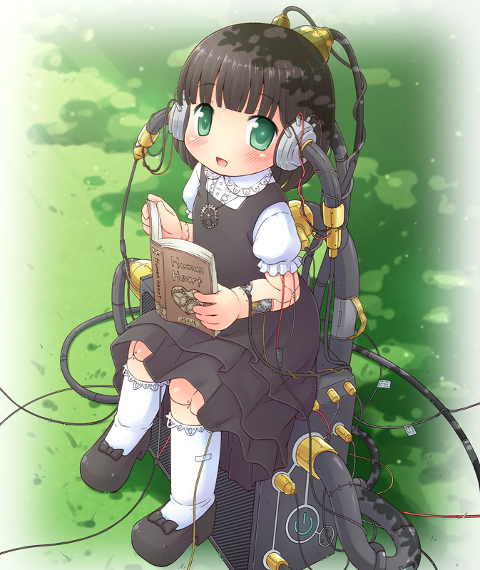 1girl, android, bangs, black_dress, black_hair, blunt_bangs, blush, book, cable, dress, gears, grass, green_eyes, heart, jewelry, looking_at_viewer, mizuno_mumomo, necklace, open_mouth, original, puffy_short_sleeves, puffy_sleeves, reading, robot_joints, shoes, short_hair, short_sleeves, socks, solo
