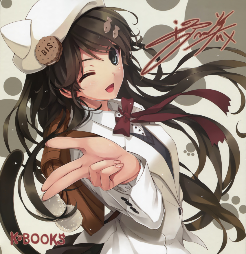 1girl, absurdres, animal_ears, backpack, bag, black_hair, blue_eyes, blush, cat_ears, cat_tail, cradle_(artist), formal, hair_ornament, hairclip, hat, highres, long_hair, misaki_kurehito, open_mouth, original, smile, solo, suit, tail, wink