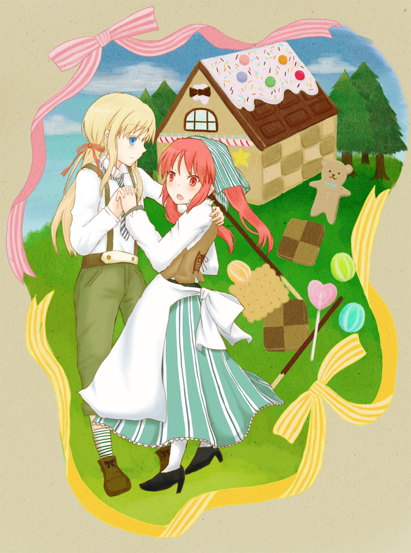 2girls, candy, checkerboard_cookie, cookie, food, gingerbread, gingerbread_cookie, lollipop