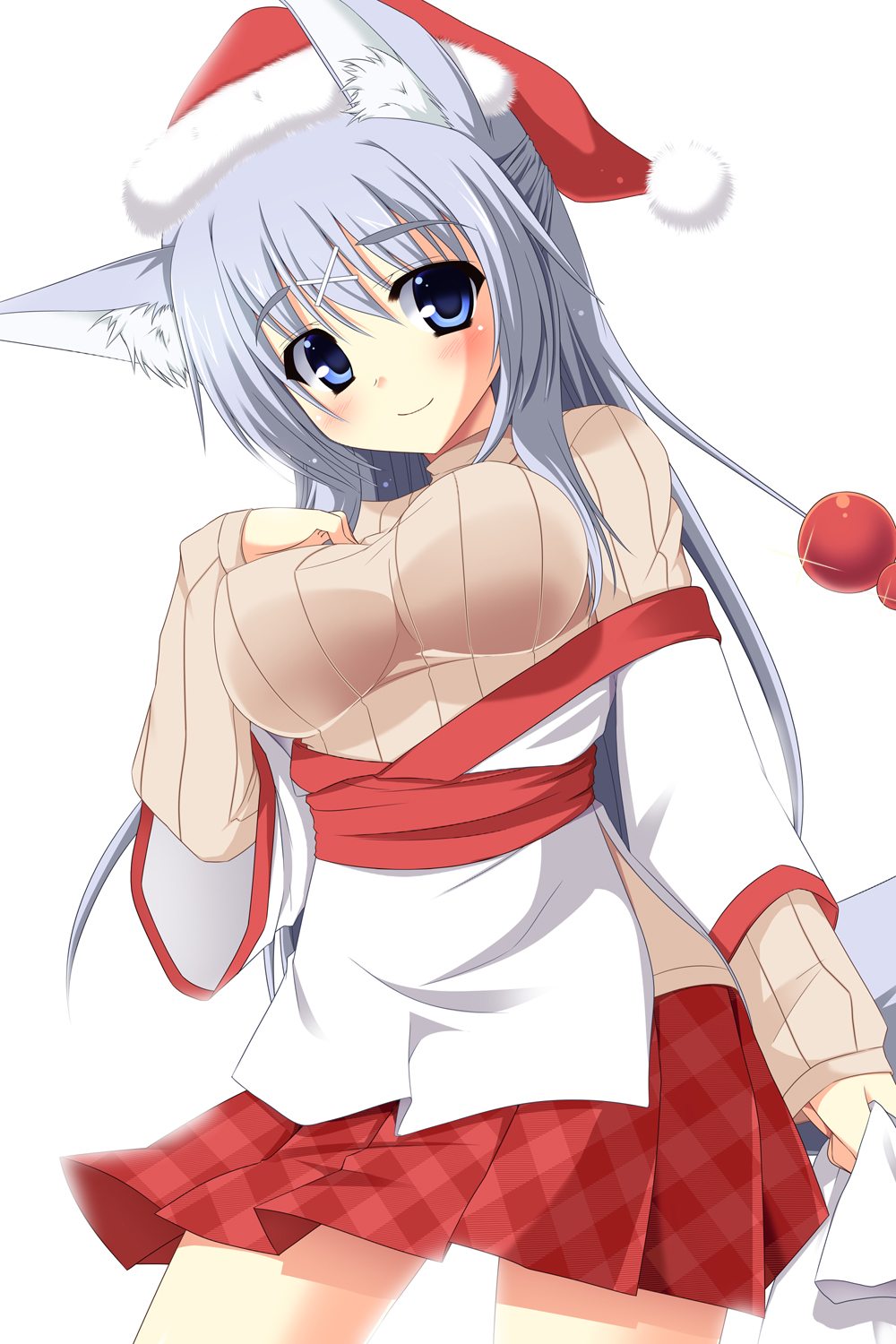 animal_ears, blue_eyes, blue_hair, breasts, christmas, hat, long_hair, original