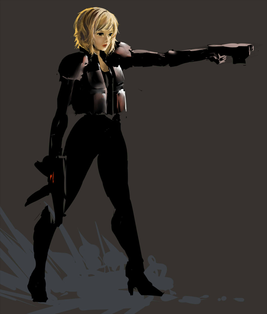 2000_ad, armor, black_eyes, blonde_hair, bob_cut, dredd, empty_eyes, gun, high_heels, judge_anderson, lawgiver, lips, machine_gun, police, realistic, science_fiction, shoes, shoulder_pads, uniform, vest, weapon