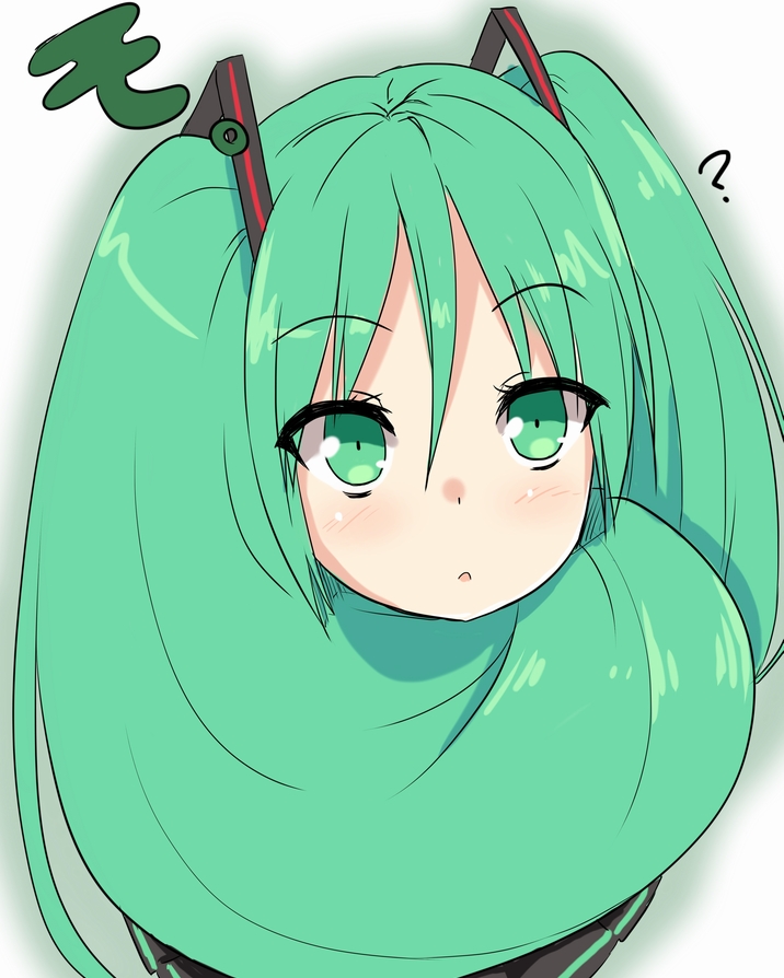 ?, binsen, blush, face, green_eyes, green_hair, hair_scarf, hatsune_miku