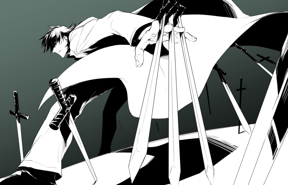 1boy, between_fingers, black_keys, fate/stay_night, fate_(series), kotomine_kirei, monochrome, sake_(kadai)