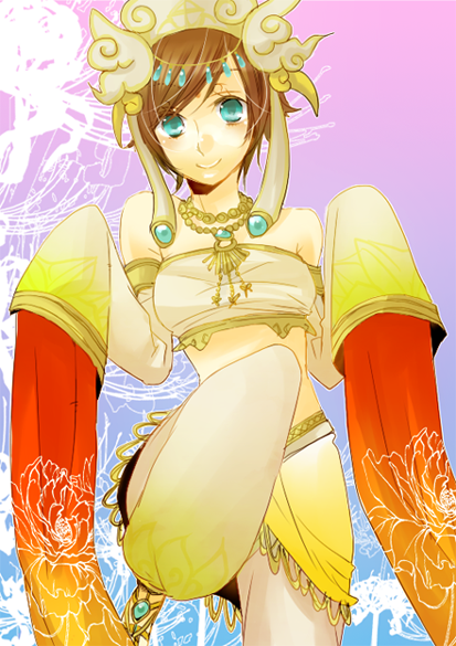 baggy_pants, bare_shoulders, brown_hair, detached_sleeves, fashi_sanzang, female, green_eyes, hat, logicon, musou_orochi, musou_orochi_2, necklace, short_hair, solo, tubetop