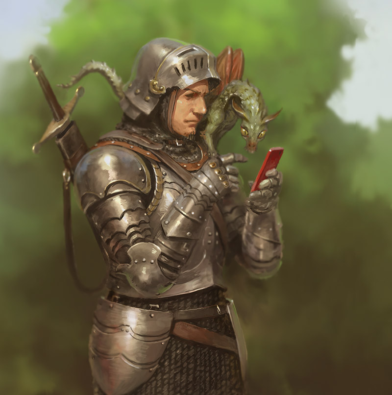 1boy, aiba_ryosuke, anachronism, animal_on_shoulder, armor, cellphone, chainmail, dragon, fantasy, helmet, original, phone, plate_armor, sheath, sheathed, sword, visor_(armor), weapon