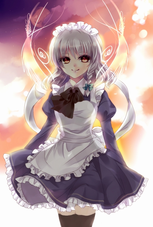 1girl, apron, black_legwear, braid, breasts, dress, izayoi_sakuya, maid