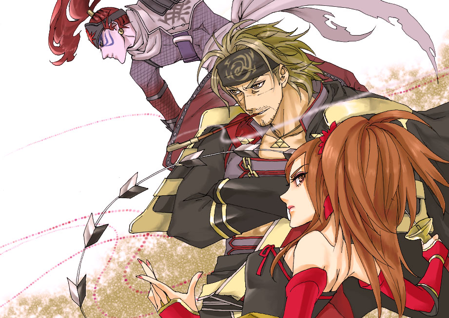 armor, bare_shoulders, blonde_hair, brown_eyes, brown_hair, crossed_arms, elbow_gloves, facial_hair
