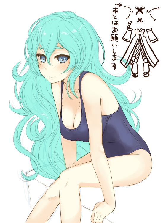 1girl, aqua_hair, arm_support, blue_eyes, blush, breasts, cleavage, hanging_breasts