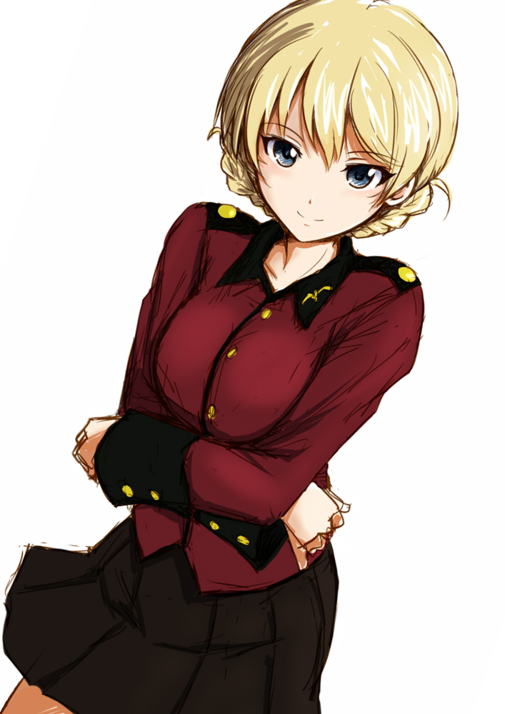 1girl, blonde_hair, blue_eyes, blush, braid, breasts, crossed_arms, darjeeling, girls_und_panzer, jacket, military, military_uniform, sasaki_akira_(ugc), short_hair, skirt, smile, solo, uniform