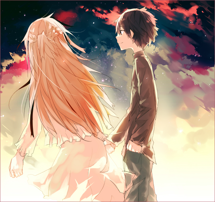 1boy, 1girl, asuna_(sao), black_eyes, black_hair, brown_hair, couple, from_behind