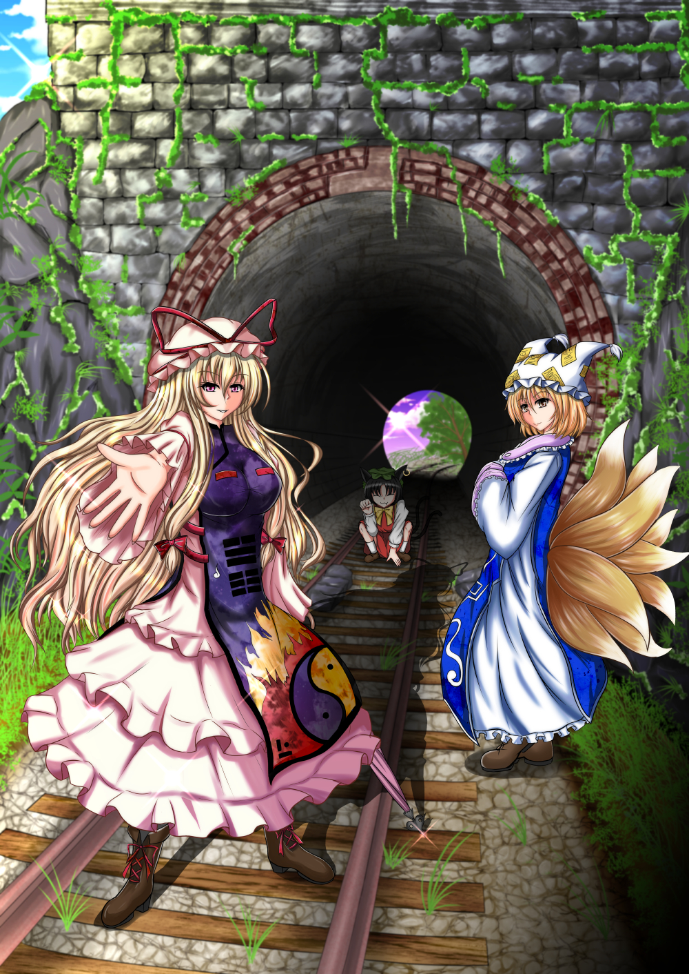 3girls, :3, ^_^, animal_ears, blonde_hair, boots, bow, brown_hair