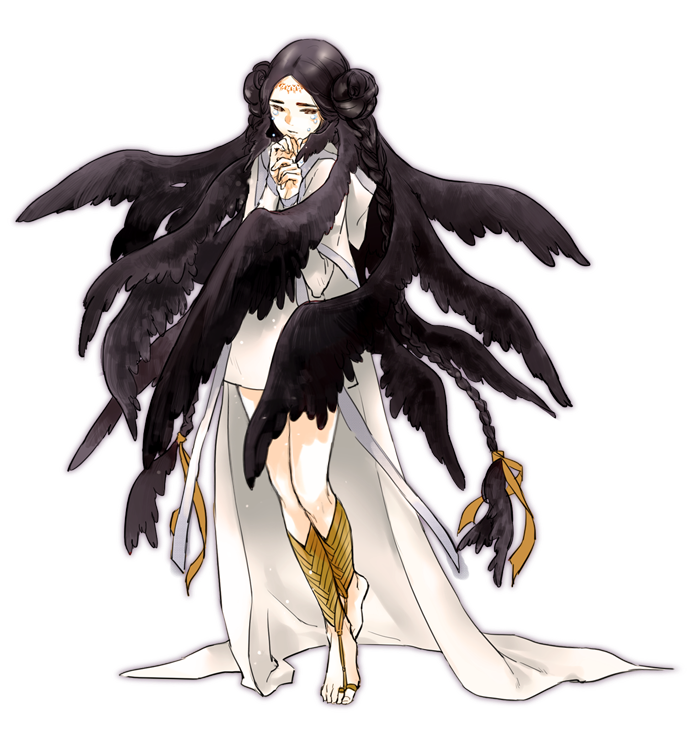1girl, ankle_wraps, barefoot, barefoot_sandals, black_hair, black_wing, circlet, crying