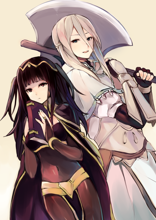 axe, black_hair, blonde_hair, blue_eyes, book, braid, fire_emblem, libra_(fire_emblem)