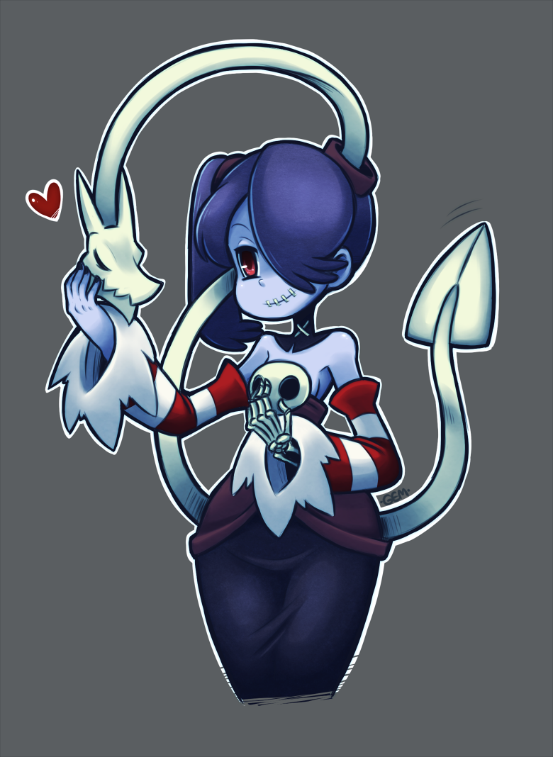 1girl, blue_hair, blue_skin, gias-ex-machella, grey_background, leviathan_(skullgirls), red_eyes, simple_background, skullgirls, squigly_(skullgirls), zombie