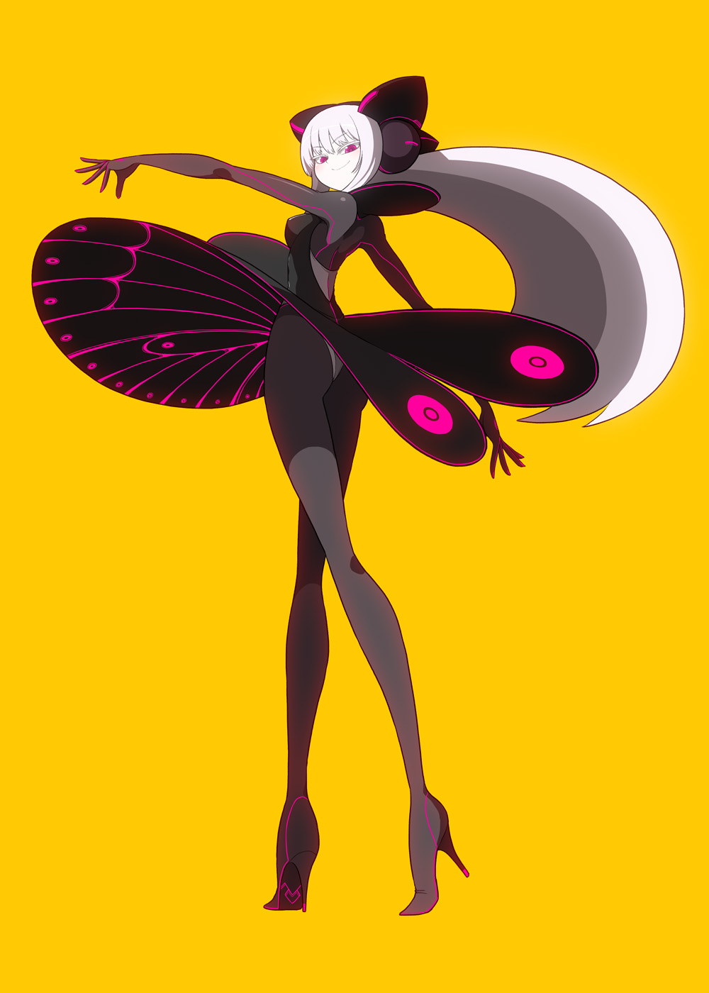 1girl, albino, ass, blush, bodysuit, dress, electro_alice, hair_ornament, high_heels, highres, ken_(koala), legs, long_hair, long_legs, neon_trim, original, outstretched_arms, panties, panties_over_pantyhose, pantyhose, pink_eyes, shoes, simple_background, smile, solo, underwear, white_hair, yellow_background