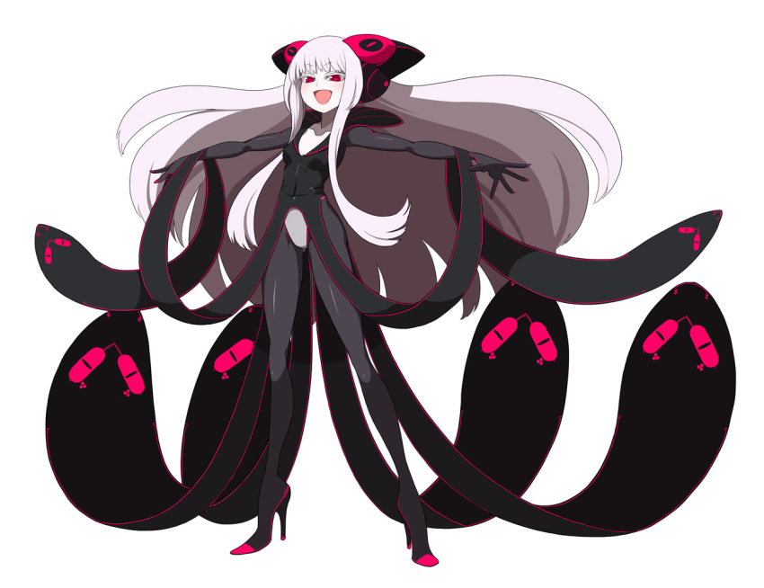 1girl, :d, albino, big_hair, blush, electro_alice, hair_ornament, high_heels