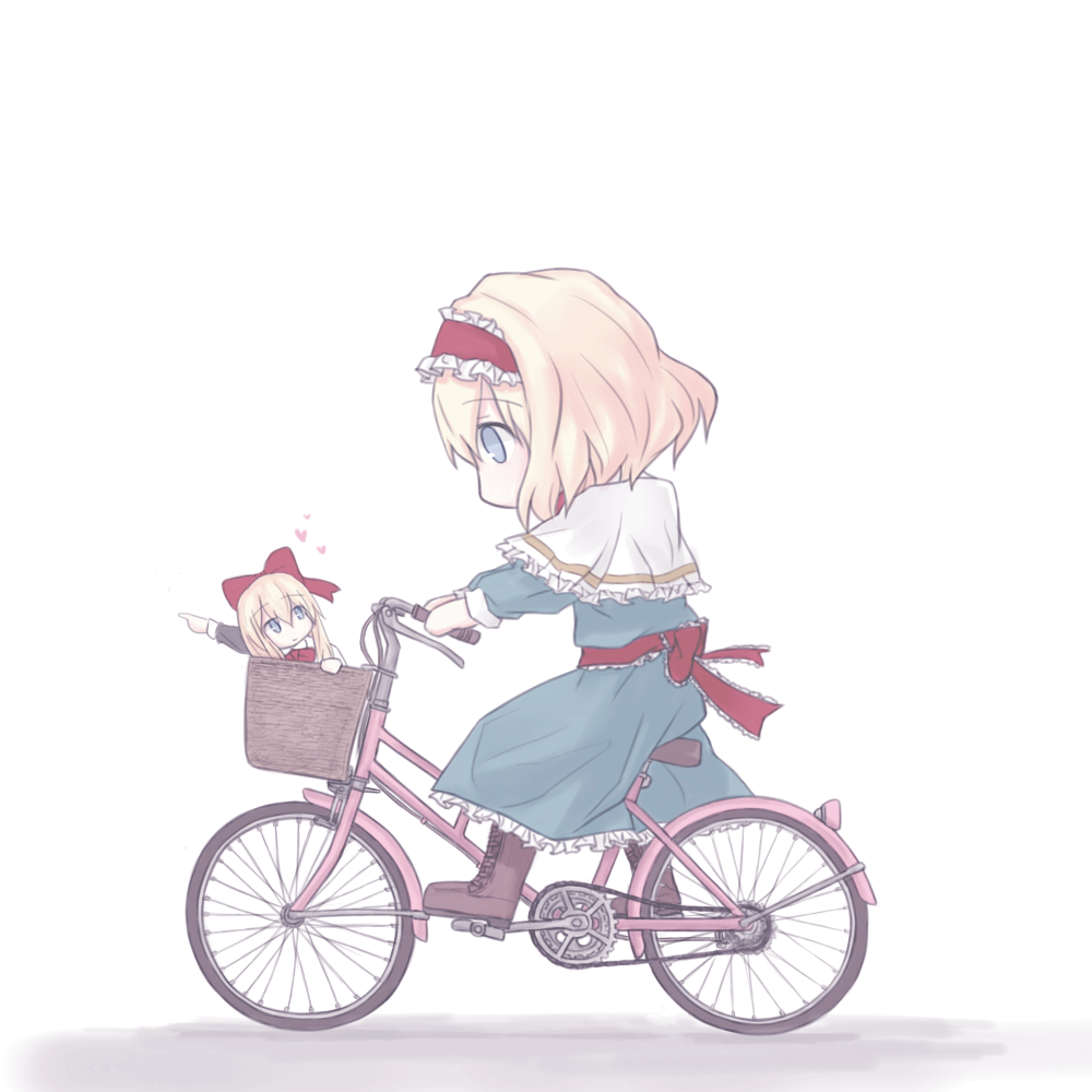 1girl, alice_margatroid, basket, bicycle, blonde_hair, blue_dress, blue_eyes, boots