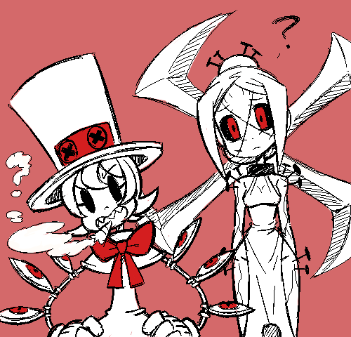 2girls, ?, bare_shoulders, bow, cigar, confused, dress, gias-ex-machella