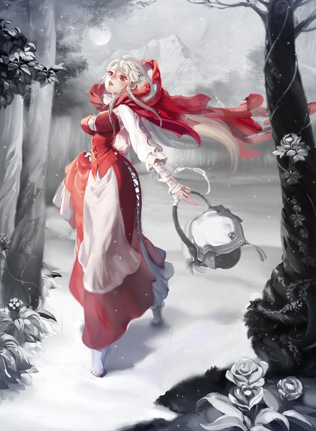 1girl, barefoot, basket, blush, dress, forest, long_hair, nature