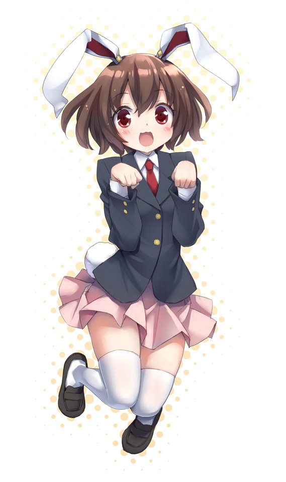 1girl, :d, animal_ears, blush, brown_hair, bunny_tail, inaba_tewi, loafers