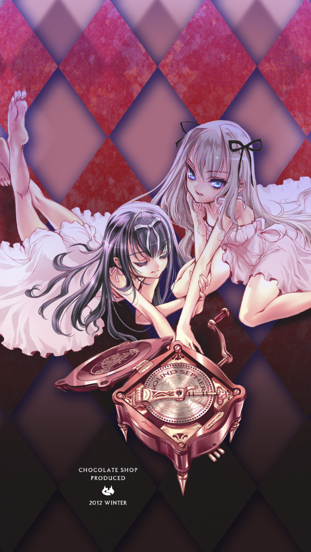 barefoot, black_hair, blue_eyes, choco, dorothea, dress, gothic_lolita_orchestrion, grey_hair