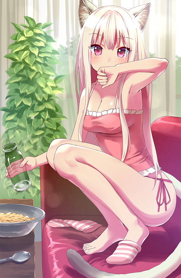 1girl, animal_ears, armpits, blonde_hair, bottle, bowl, breasts, camisole