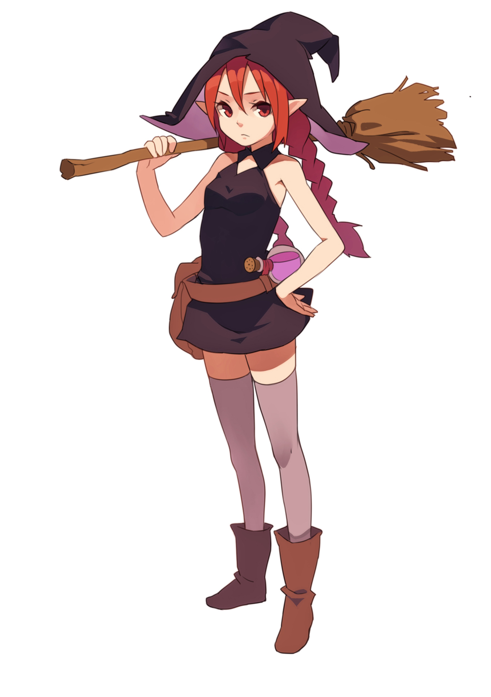 1girl, bag, bare_arms, belt, black_dress, boots, braid, broom