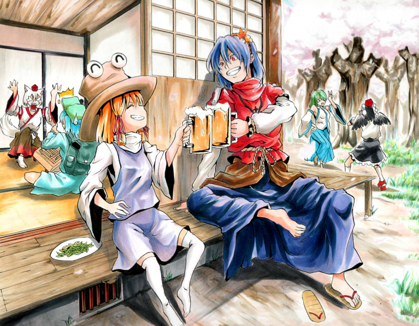6+girls, ^_^, barefoot, beer, cherry_blossoms, closed_eyes, grin, inubashiri_momiji