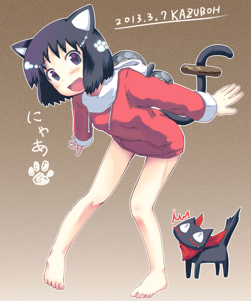 2013, animal_ears, barefoot, bent_over, black_eyes, black_hair, blush, cat