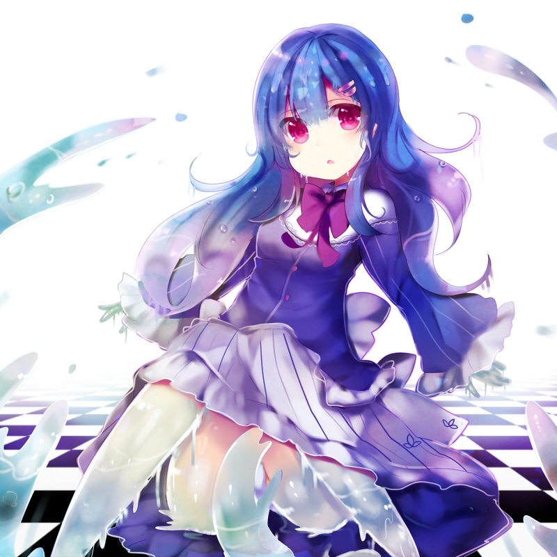bow, checkered, checkered_floor, goo_girl, hair_ornament, hairclip, long_hair, original