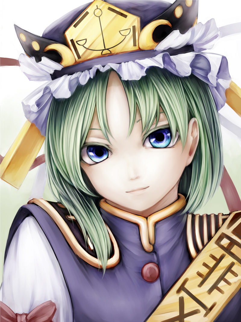 1girl, asymmetrical_hair, blue_eyes, bust, face, green_hair, hat, hat_ribbon