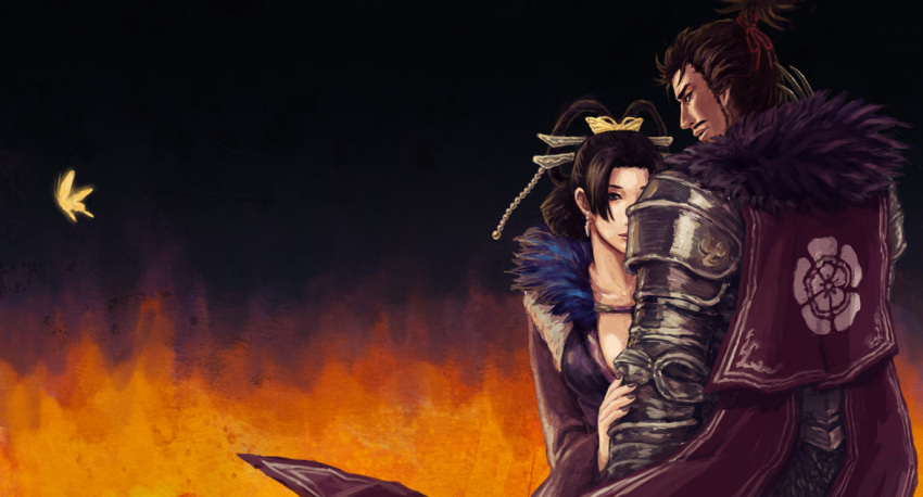 armor, black_hair, cape, chenpn, couple, dress, earrings, female, hair_ornament, long_hair, looking_back, male, nouhime, oda_nobunaga, ponytail, sengoku_musou