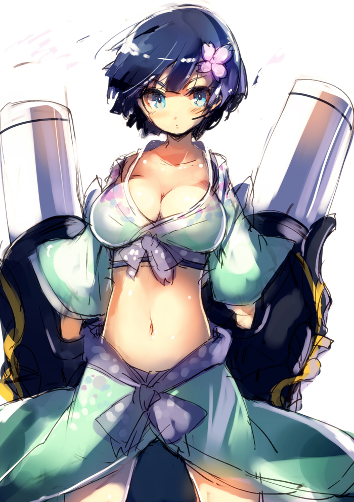 1girl, black_hair, blue_eyes, breasts, cleavage, flower, gauntlets, hair_flower, hair_ornament, midriff, navel, senran_kagura_shinovi_versus, short_hair, sketch, solo, ukyo_rst, yozakura_(senran_kagura)