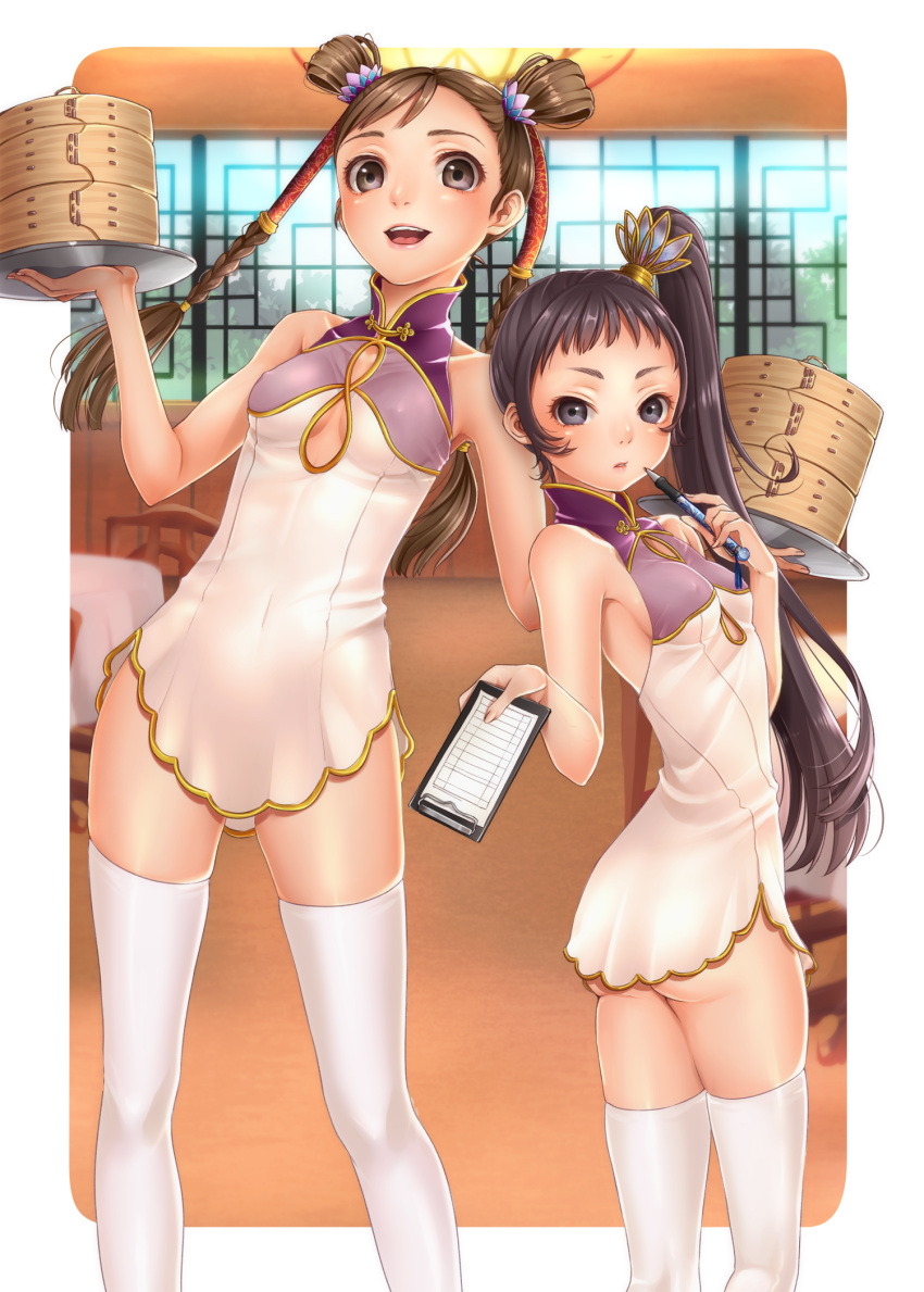 2girls, ass, black_hair, braid, breasts, brown_eyes, brown_hair, center_opening