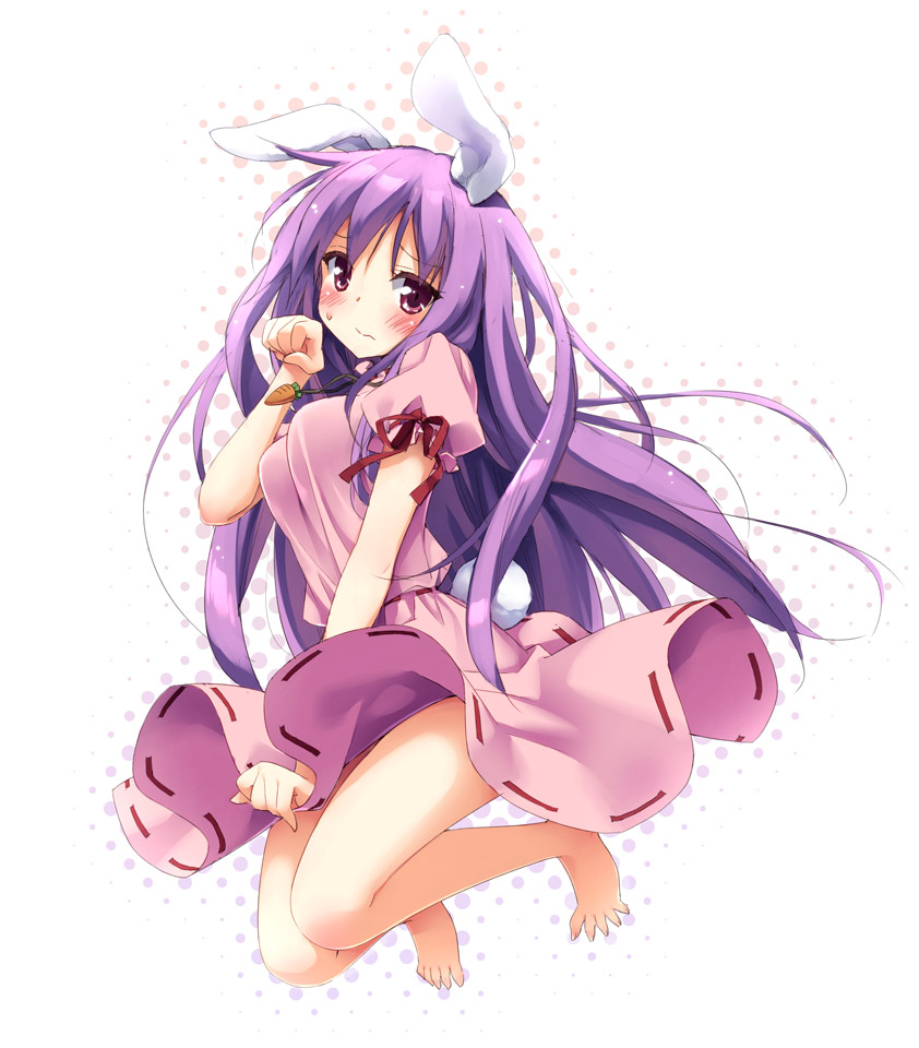 1girl, blush, inaba_tewi, inaba_tewi_(cosplay), long_hair, looking_at_viewer, peko, purple_hair, red_eyes, reisen_udongein_inaba, solo, touhou
