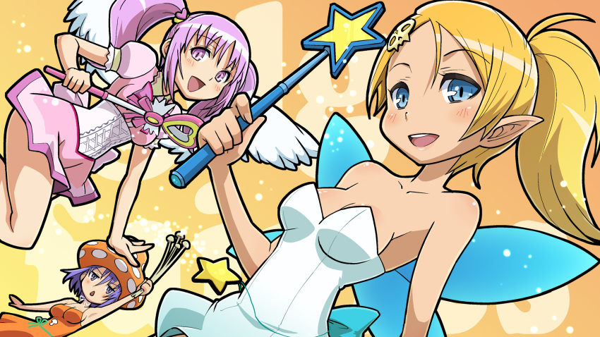 3girls, blonde_hair, breasts, cleavage, fairy, fairy_wings, gdgd_fairies, haganemaru_kennosuke