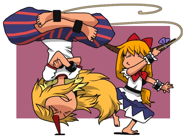 2girls, arm_up, belt, bow, closed_eyes, crossed_arms, crossed_legs, gyroscope