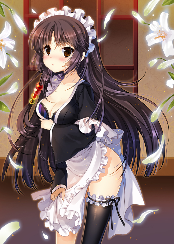 1girl, apron, black_hair, black_legwear, blush, bra, breasts, brown_eyes