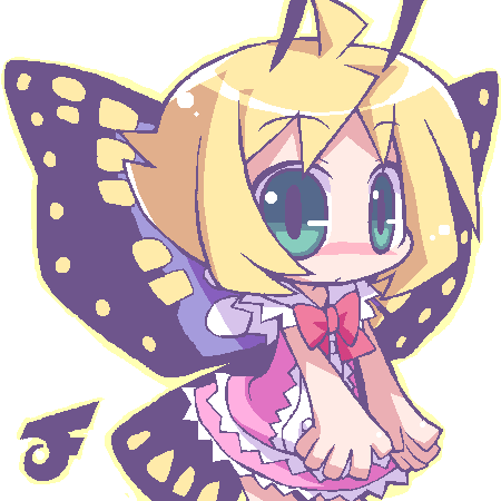 ahoge, androgynous, antennae, blonde_hair, blue_eyes, blush, bow, butterfly